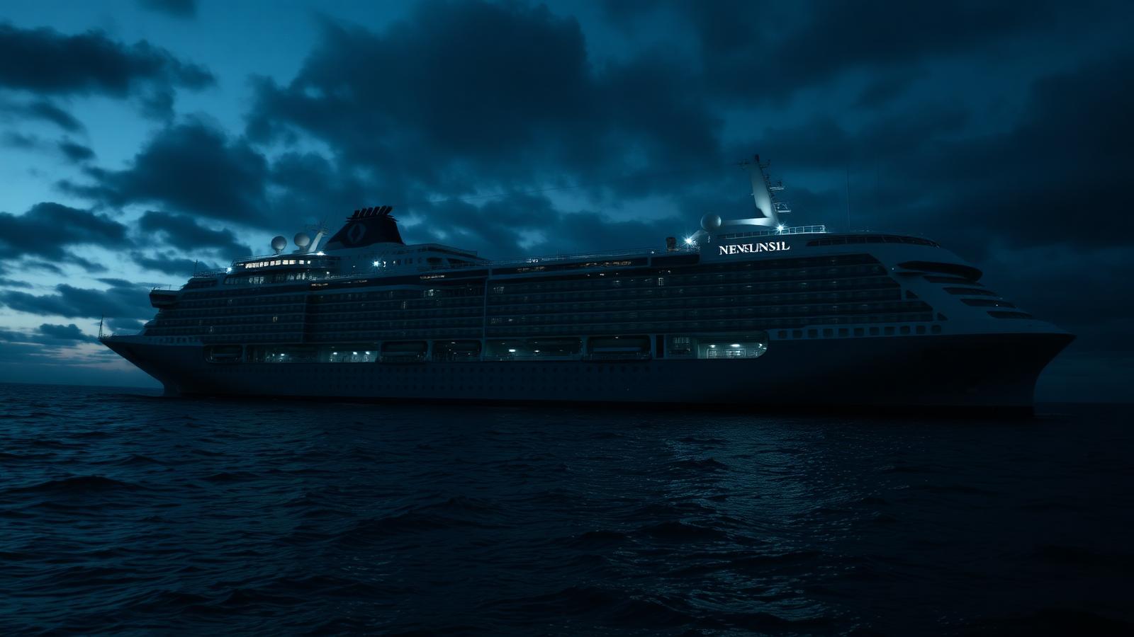 The MV Hondius anchored offshore at dusk